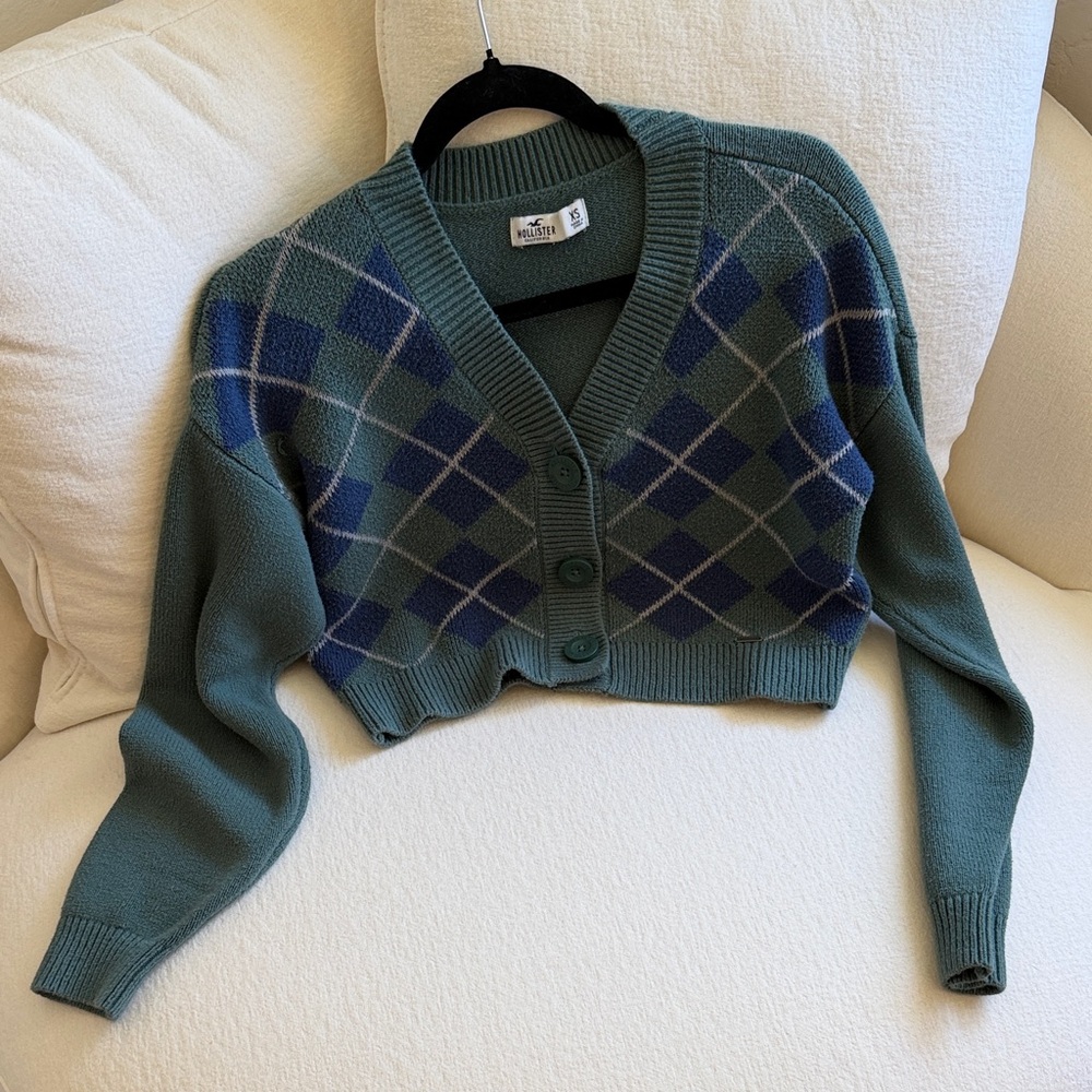 Hollister Green Navy Argyle Cropped Cardigan